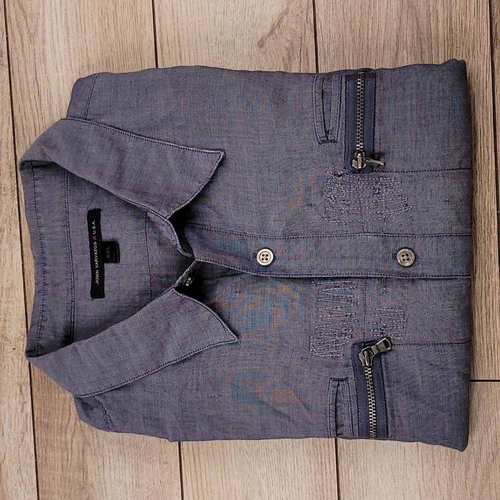 JOHN VARVATOS Grey Blue Zipper Front Western Sz XXL Mens Long Sleeve Shirt